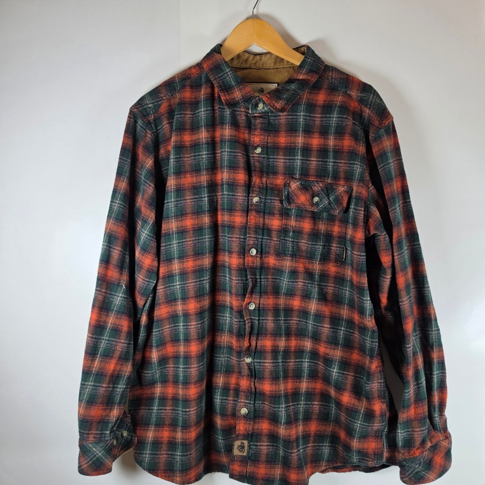 Legendary Whitetails Mens XL Buck Camp Flannel Shirt Orange Green Plaid Button U